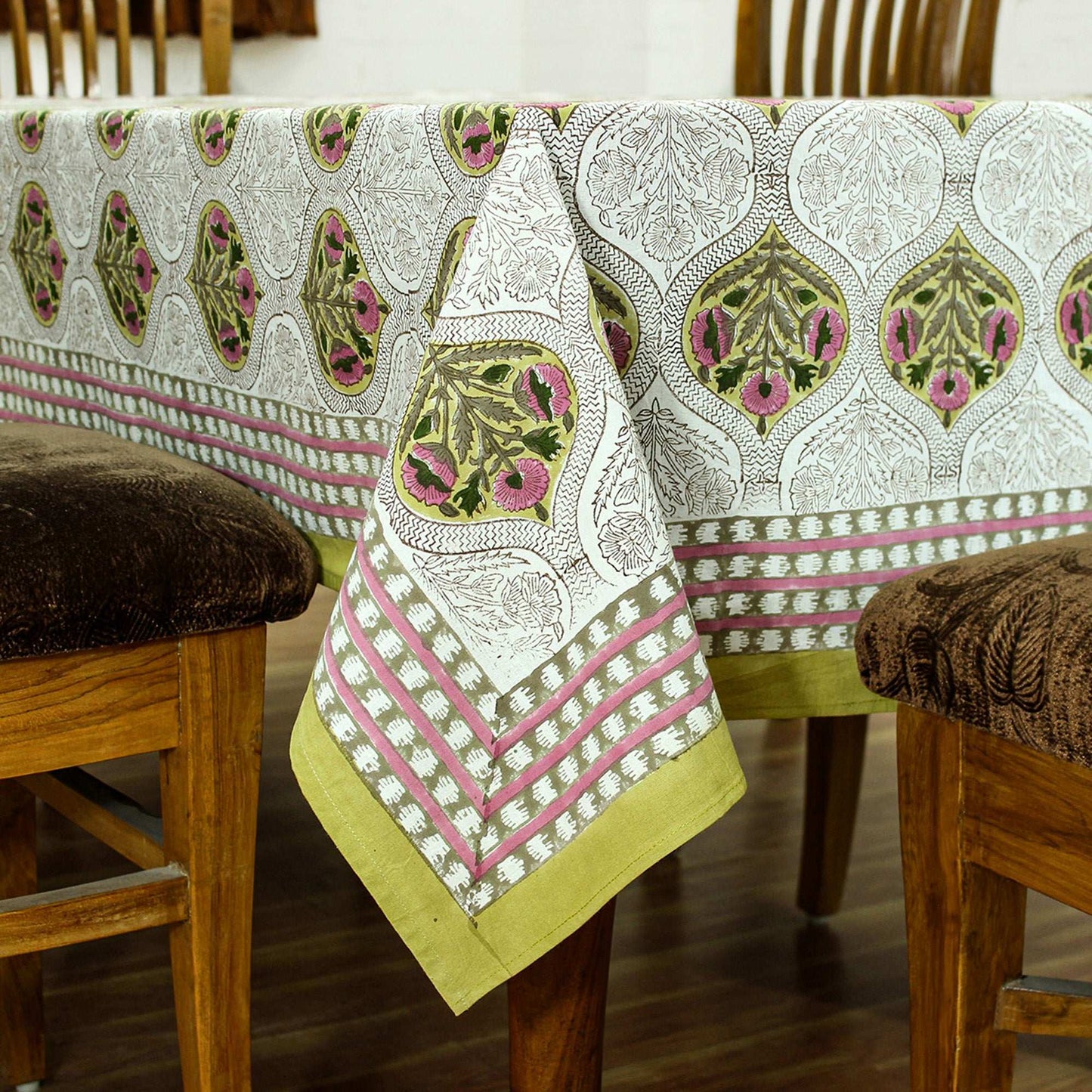 Yellow Indian Hand Block Printed Cotton Cloth Tablecloth With Floral Border - My Store