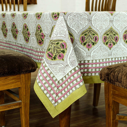 Yellow Indian Hand Block Printed Cotton Cloth Tablecloth With Floral Border - My Store
