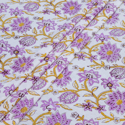 Cotton Bedsheet – Hand Block Floral Print – White and Purple – King, Queen, Twin Sizes - My Store
