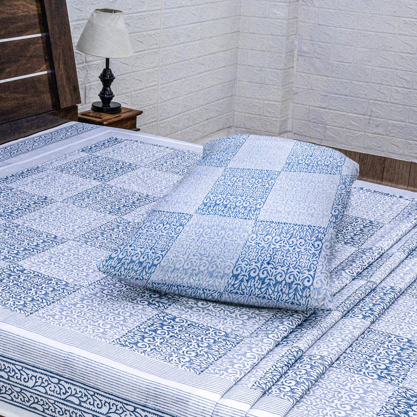 Indian Handmade Block Printed Blue and Gray Floral Pattern Cotton Bed sheet For living Room, Kids Room - My Store