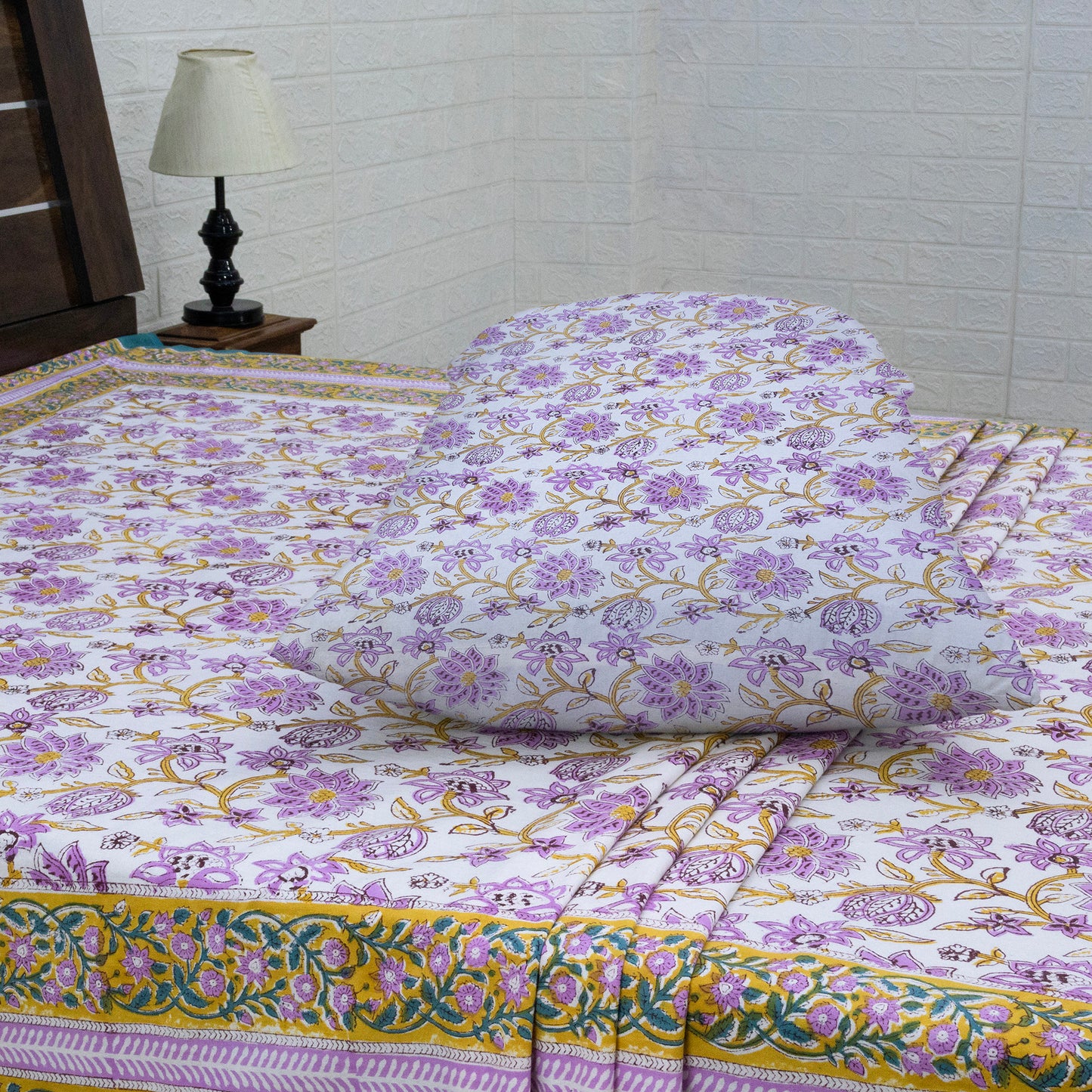 Cotton Bedsheet – Hand Block Floral Print – White and Purple – King, Queen, Twin Sizes - My Store
