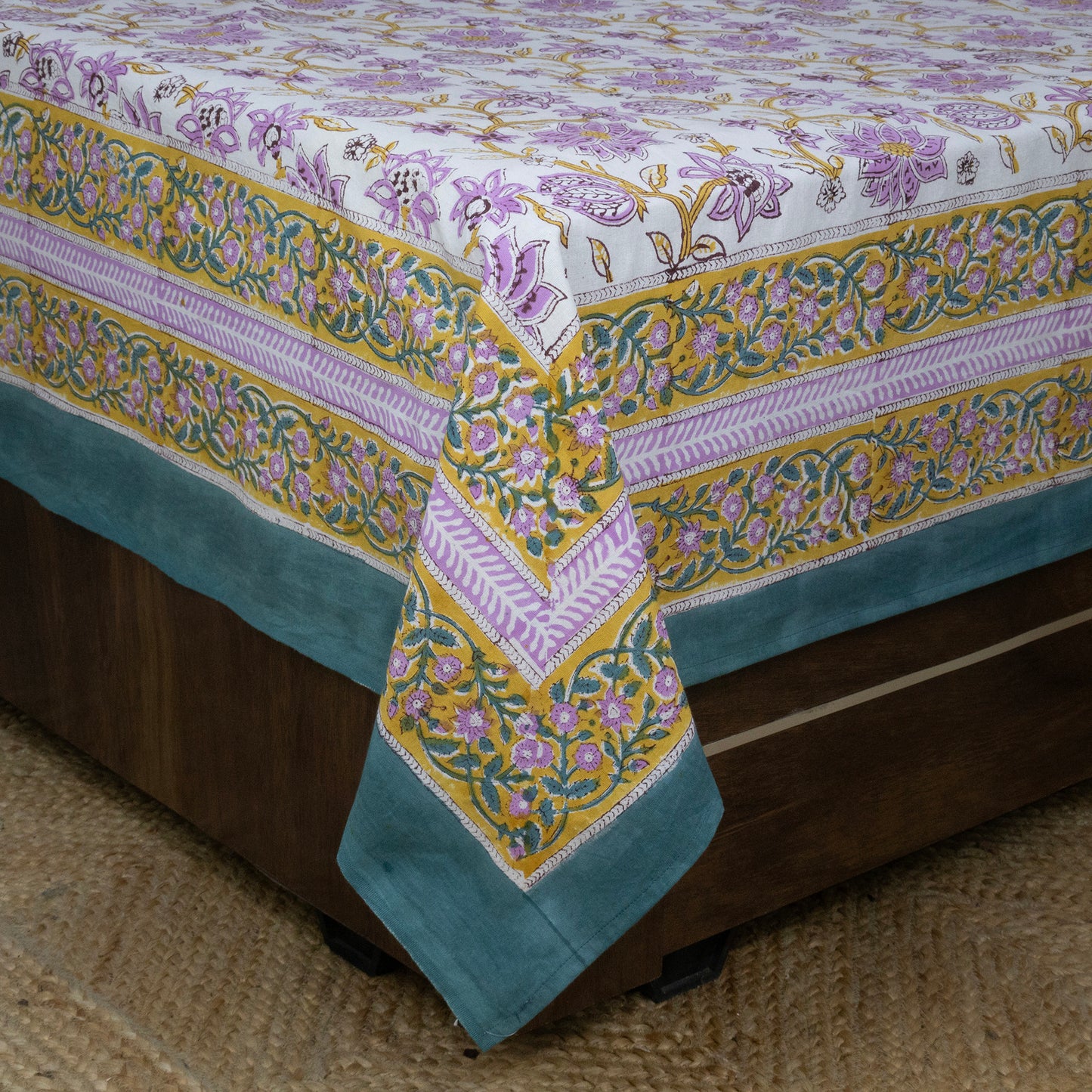 Cotton Bedsheet – Hand Block Floral Print – White and Purple – King, Queen, Twin Sizes - My Store