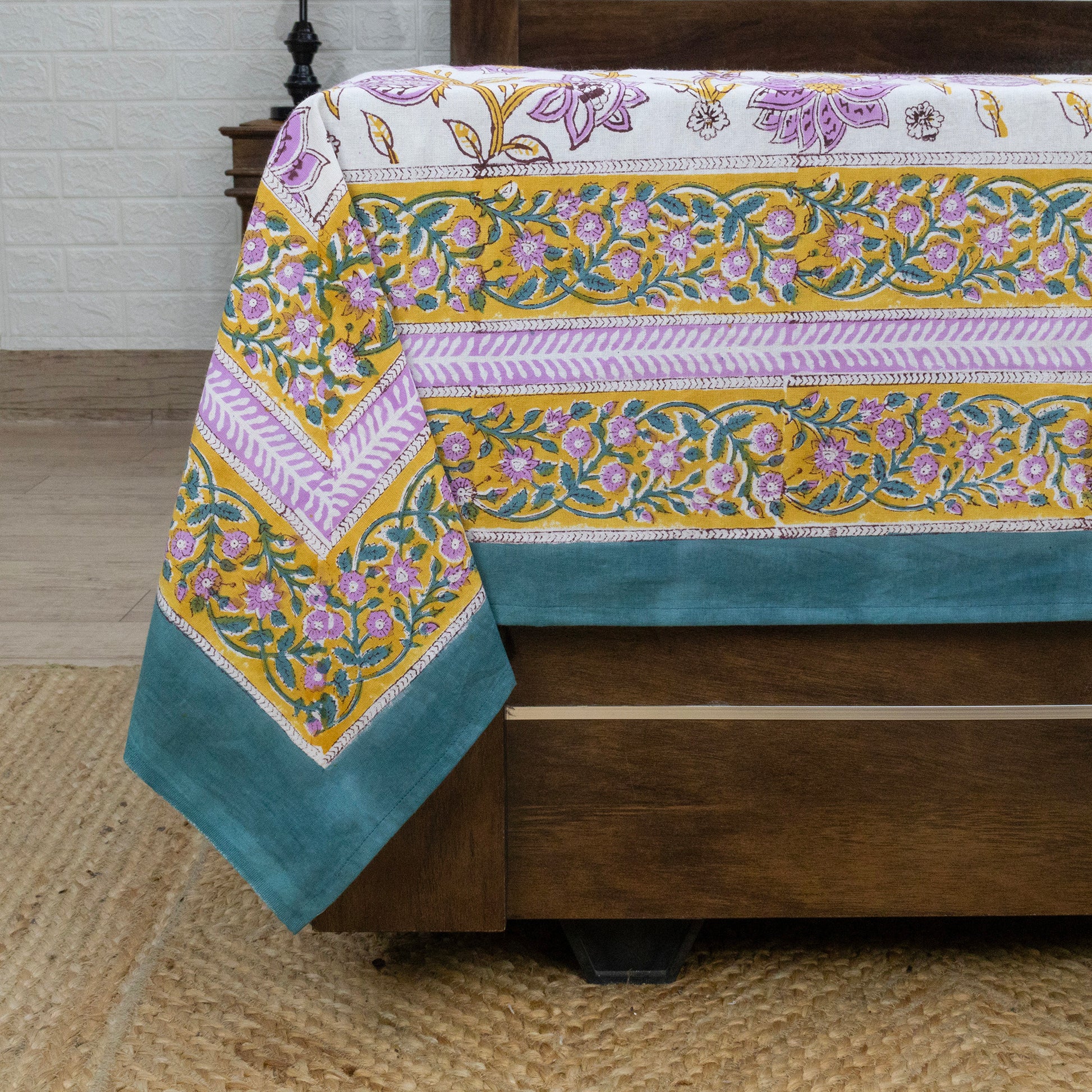 Cotton Bedsheet – Hand Block Floral Print – White and Purple – King, Queen, Twin Sizes - My Store