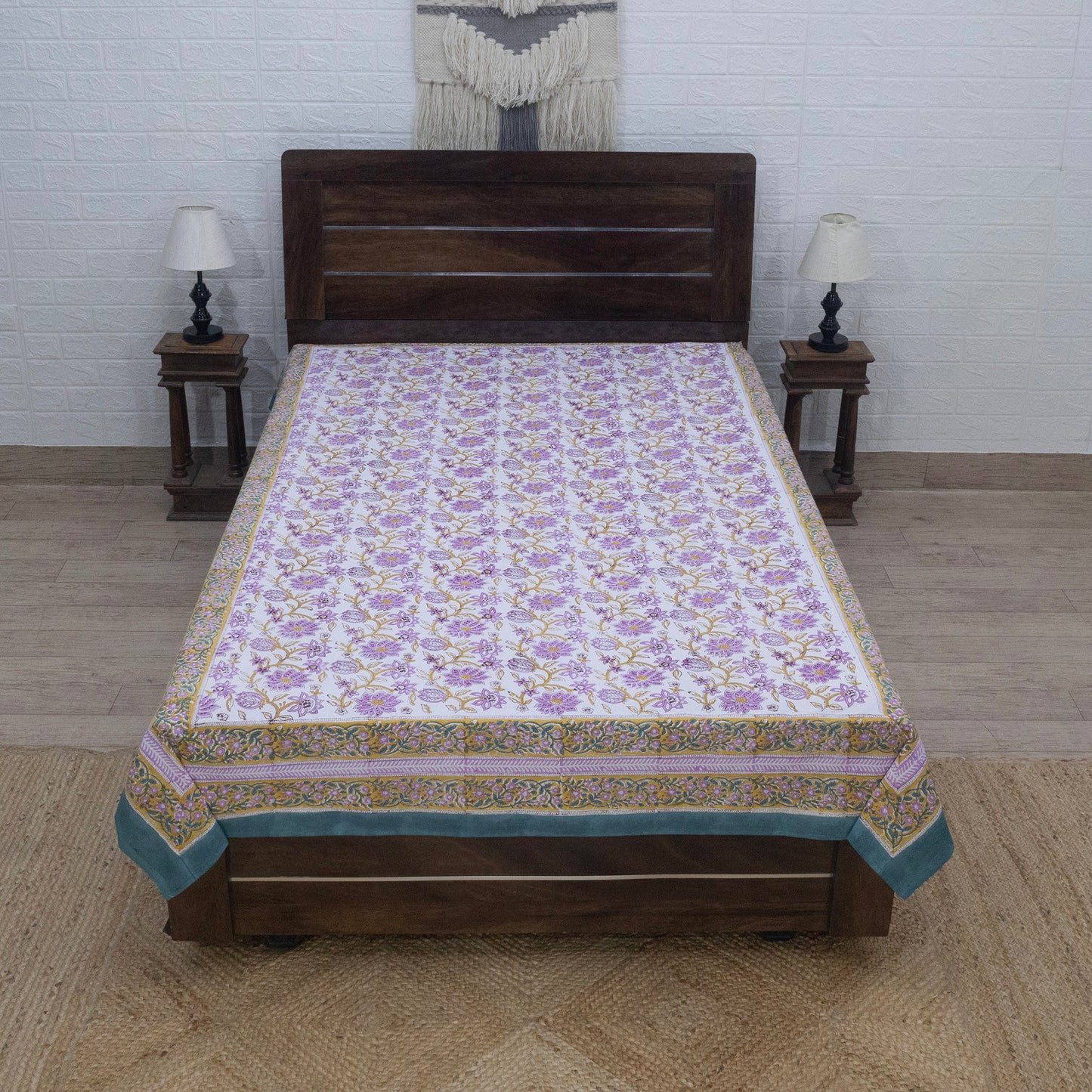 Cotton Bedsheet – Hand Block Floral Print – White and Purple – King, Queen, Twin Sizes - My Store