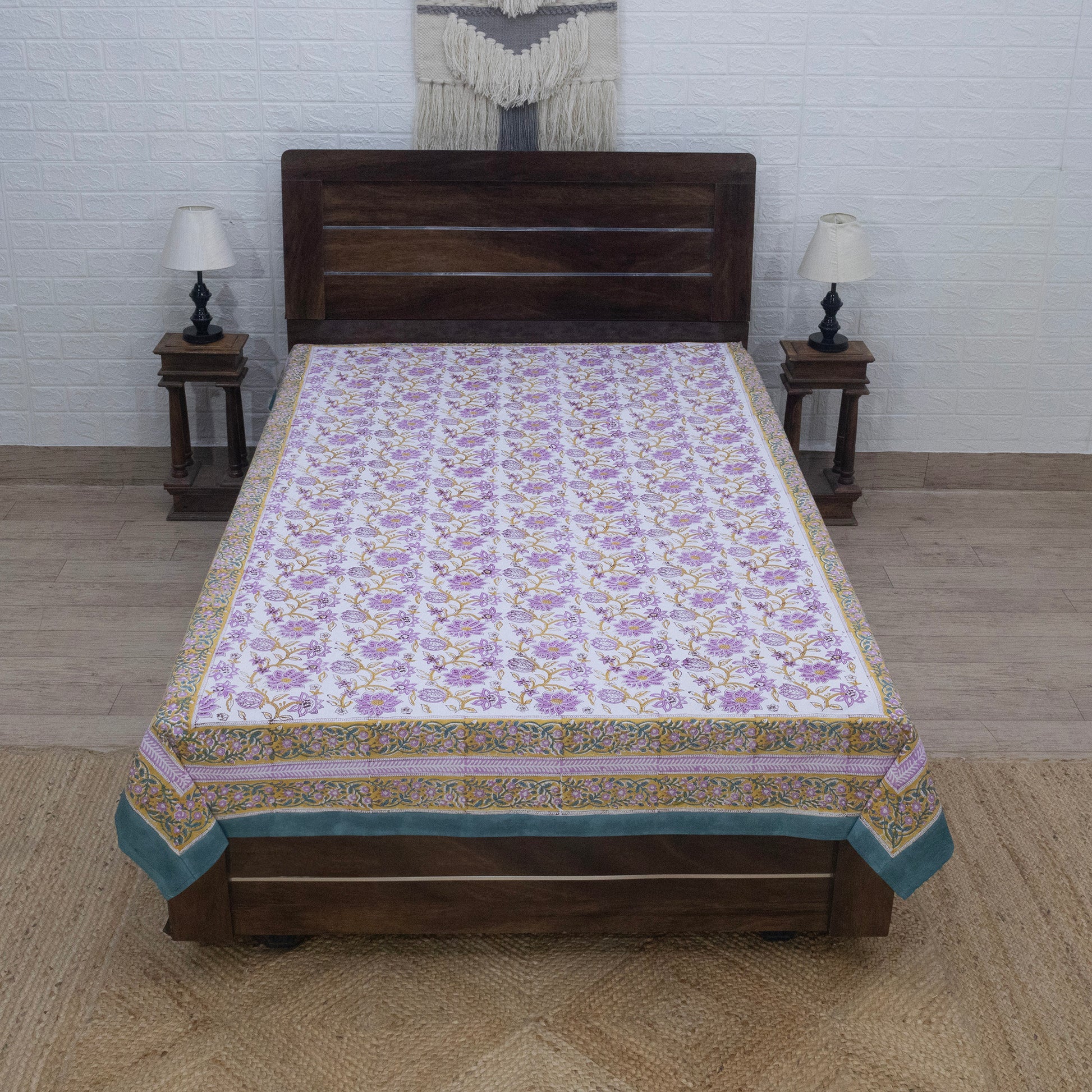 Cotton Bedsheet – Hand Block Floral Print – White and Purple – King, Queen, Twin Sizes - My Store