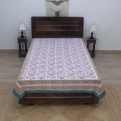 Cotton Bedsheet – Hand Block Floral Print – White and Purple – King, Queen, Twin Sizes - My Store