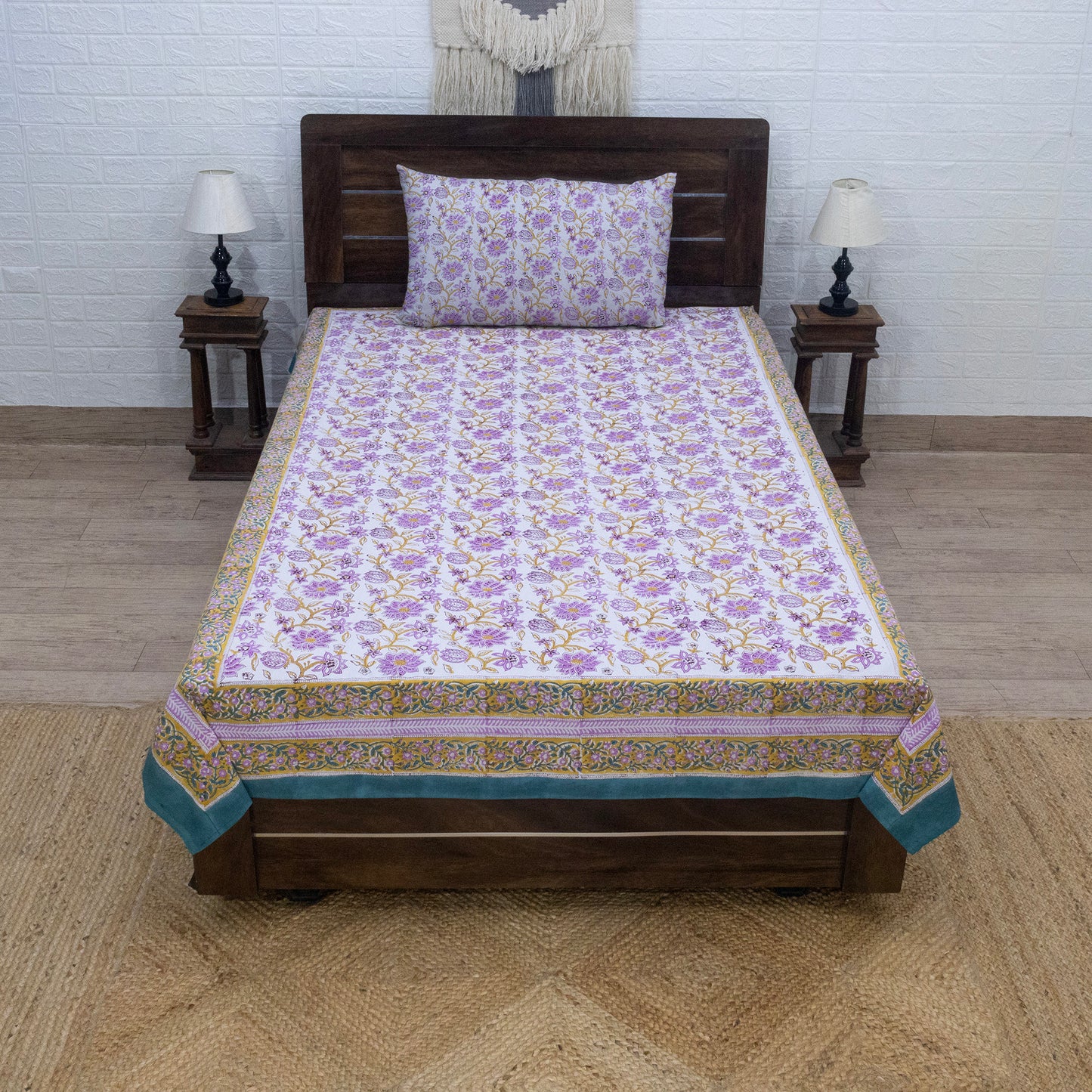 Cotton Bedsheet – Hand Block Floral Print – White and Purple – King, Queen, Twin Sizes - My Store