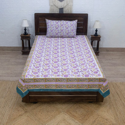 Cotton Bedsheet – Hand Block Floral Print – White and Purple – King, Queen, Twin Sizes - My Store