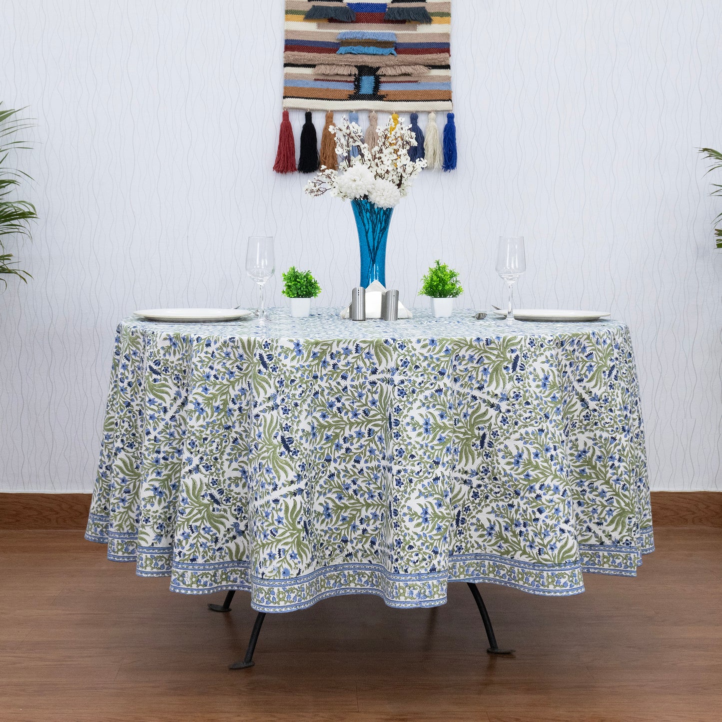 Blue and Green Floral Round Tablecloth - Indian Block Print Round Table Cover - My Store