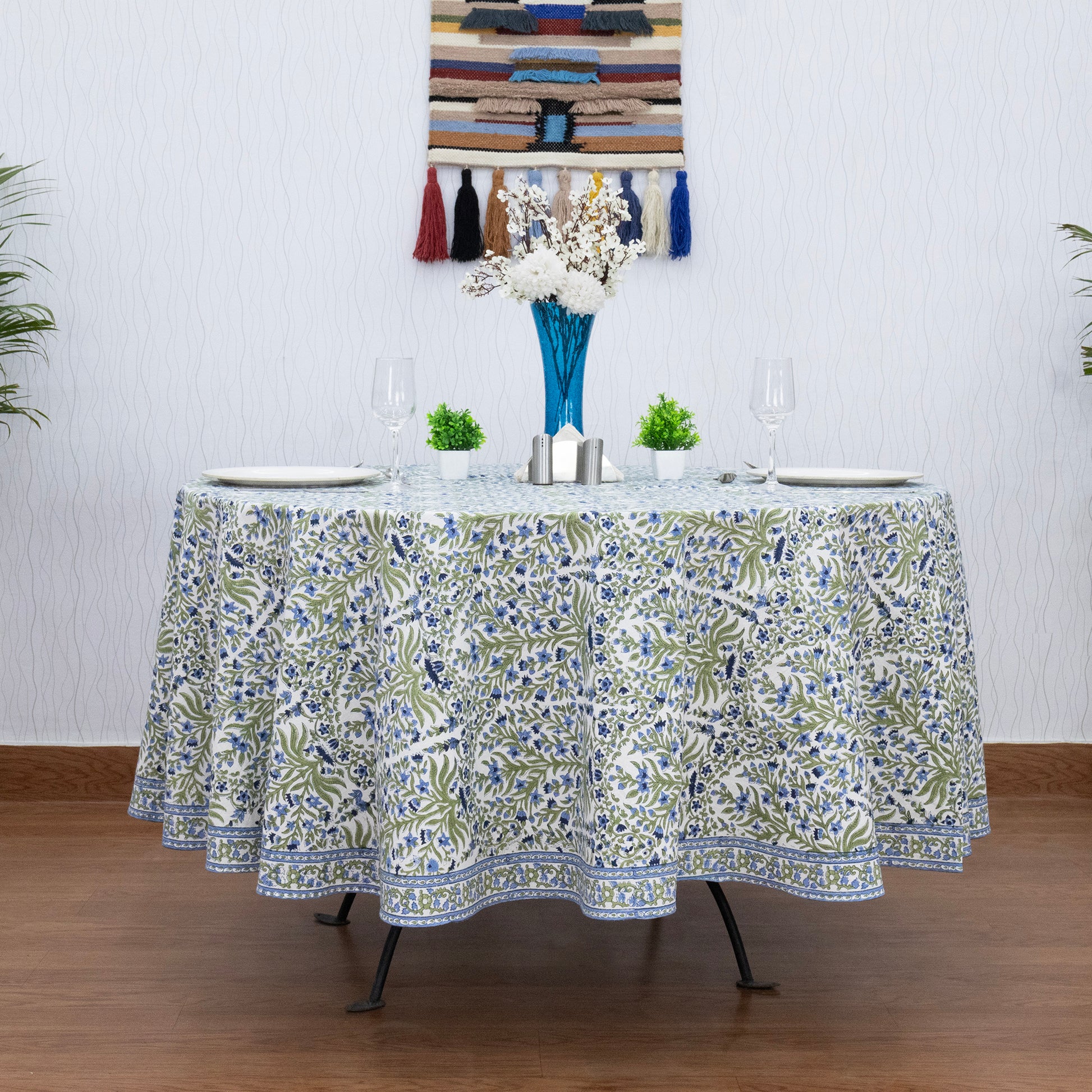 Blue and Green Floral Round Tablecloth - Indian Block Print Round Table Cover - My Store