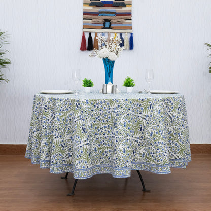 Blue and Green Floral Round Tablecloth - Indian Block Print Round Table Cover - My Store