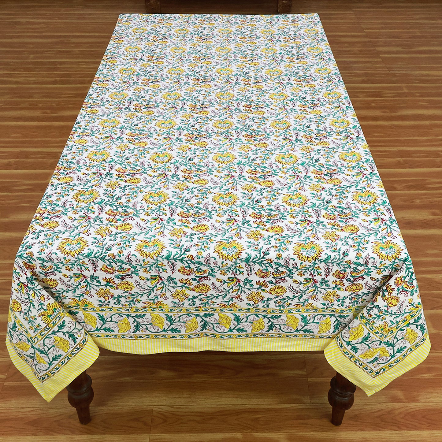 Green Indian Hand Block Floral Printed Cotton Tablecloth With Yellow Border - My Store