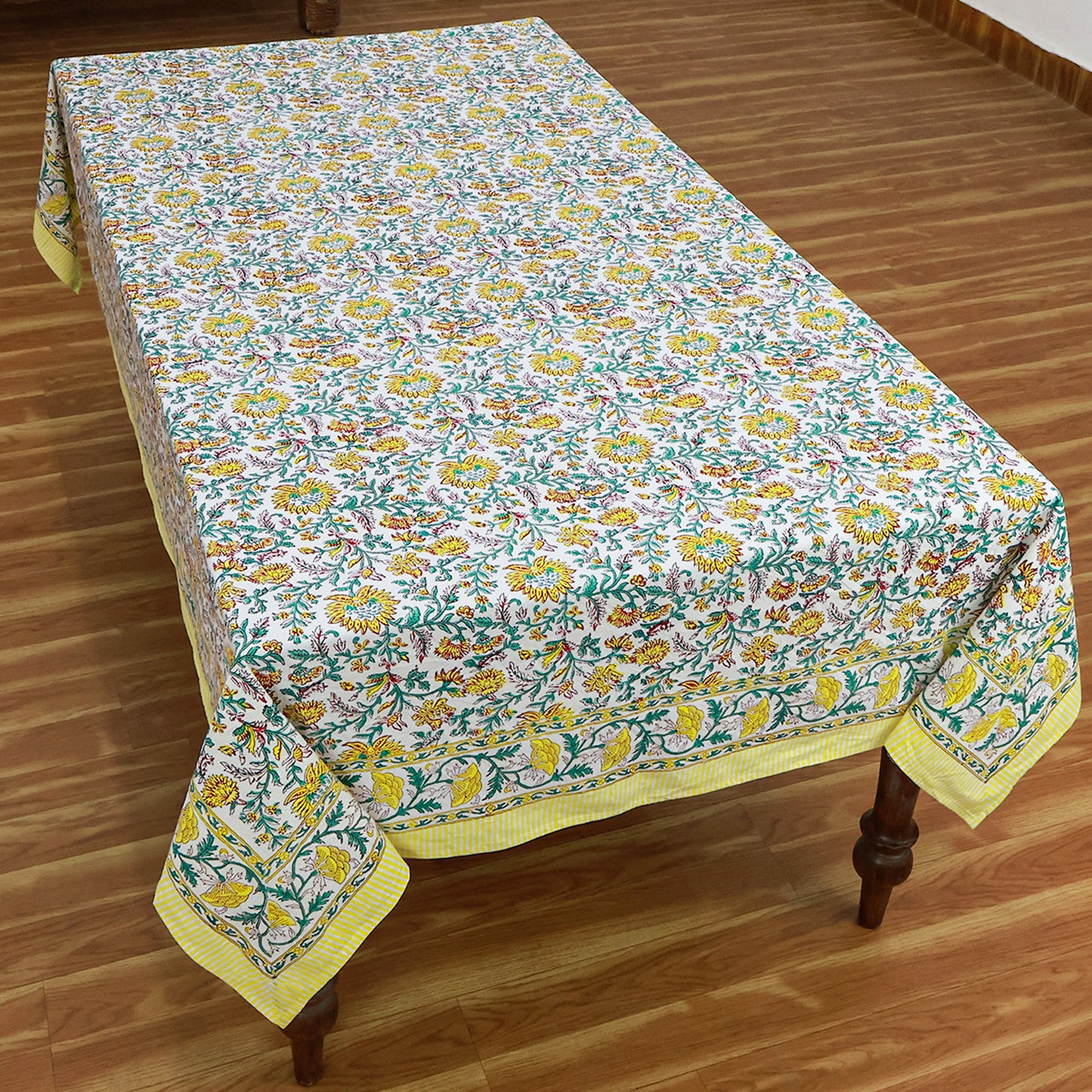 Green Indian Hand Block Floral Printed Cotton Tablecloth With Yellow Border - My Store