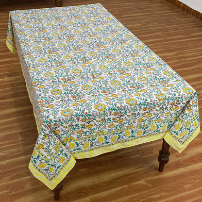 Green Indian Hand Block Floral Printed Cotton Tablecloth With Yellow Border - My Store
