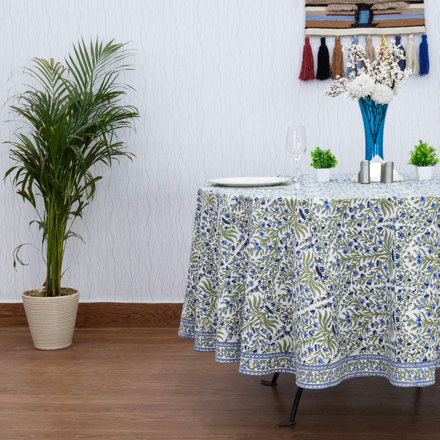 Blue and Green Floral Round Tablecloth - Indian Block Print Round Table Cover - My Store