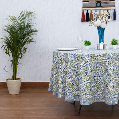 Blue and Green Floral Round Tablecloth - Indian Block Print Round Table Cover - My Store