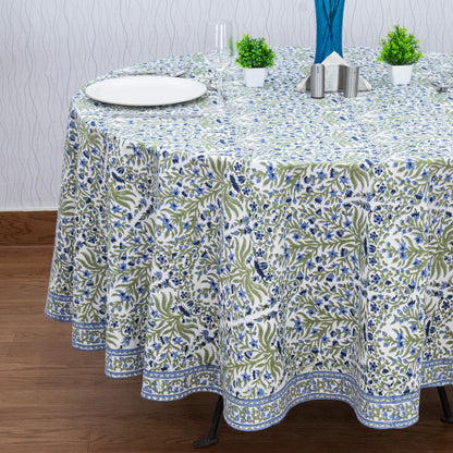 Blue and Green Floral Round Tablecloth - Indian Block Print Round Table Cover - My Store