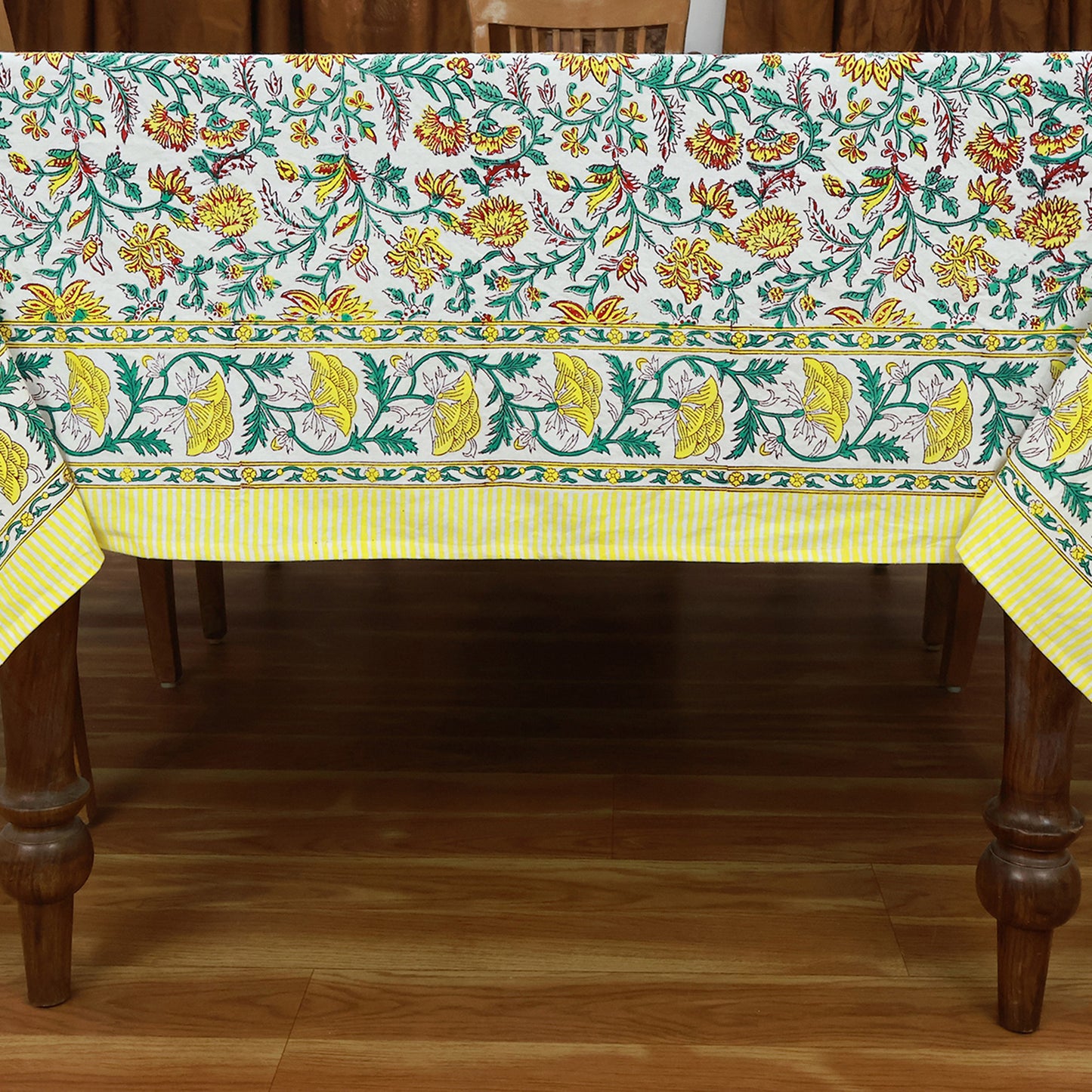 Green Indian Hand Block Floral Printed Cotton Tablecloth With Yellow Border - My Store