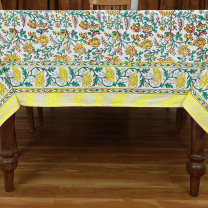 Green Indian Hand Block Floral Printed Cotton Tablecloth With Yellow Border - My Store