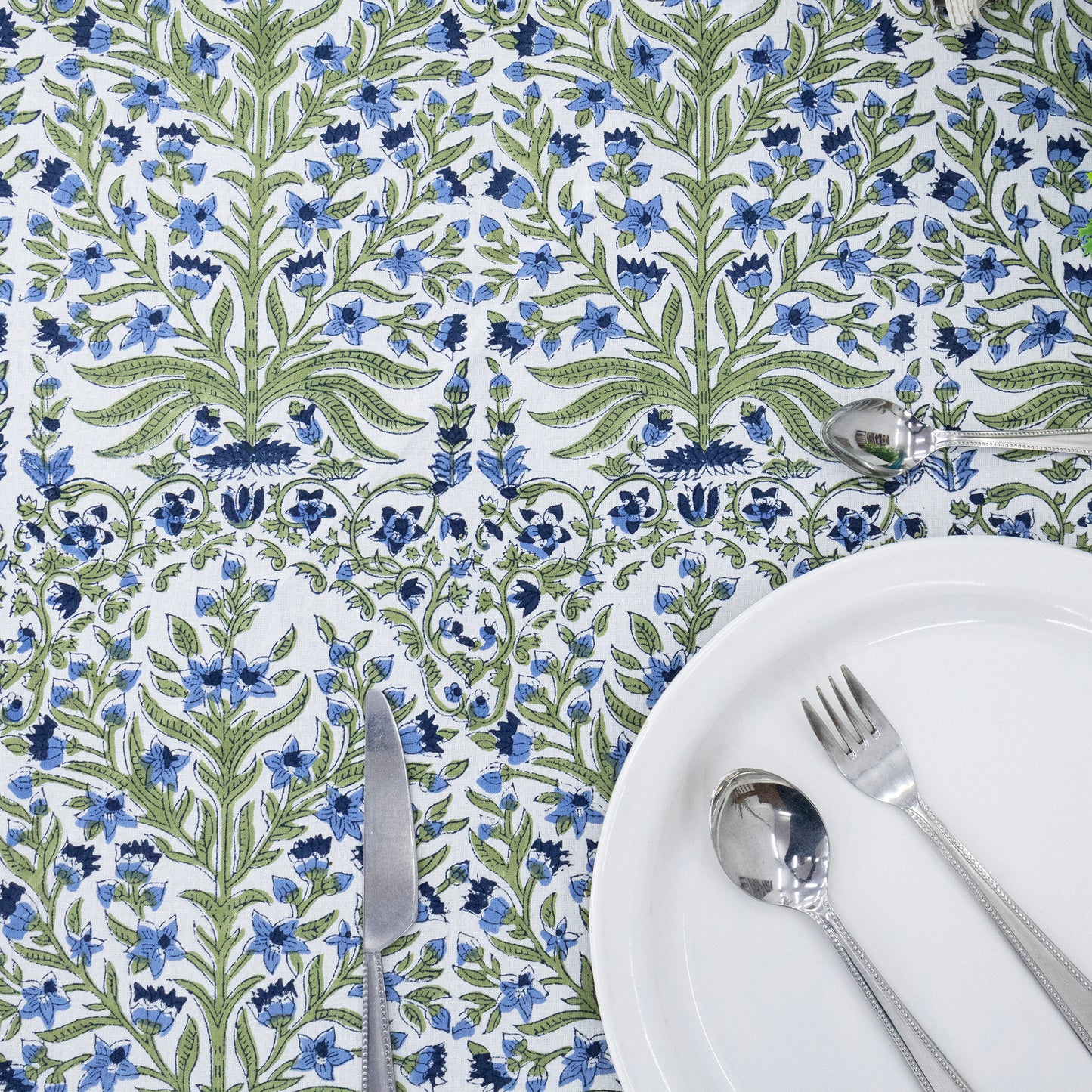 Blue and Green Floral Round Tablecloth - Indian Block Print Round Table Cover - My Store