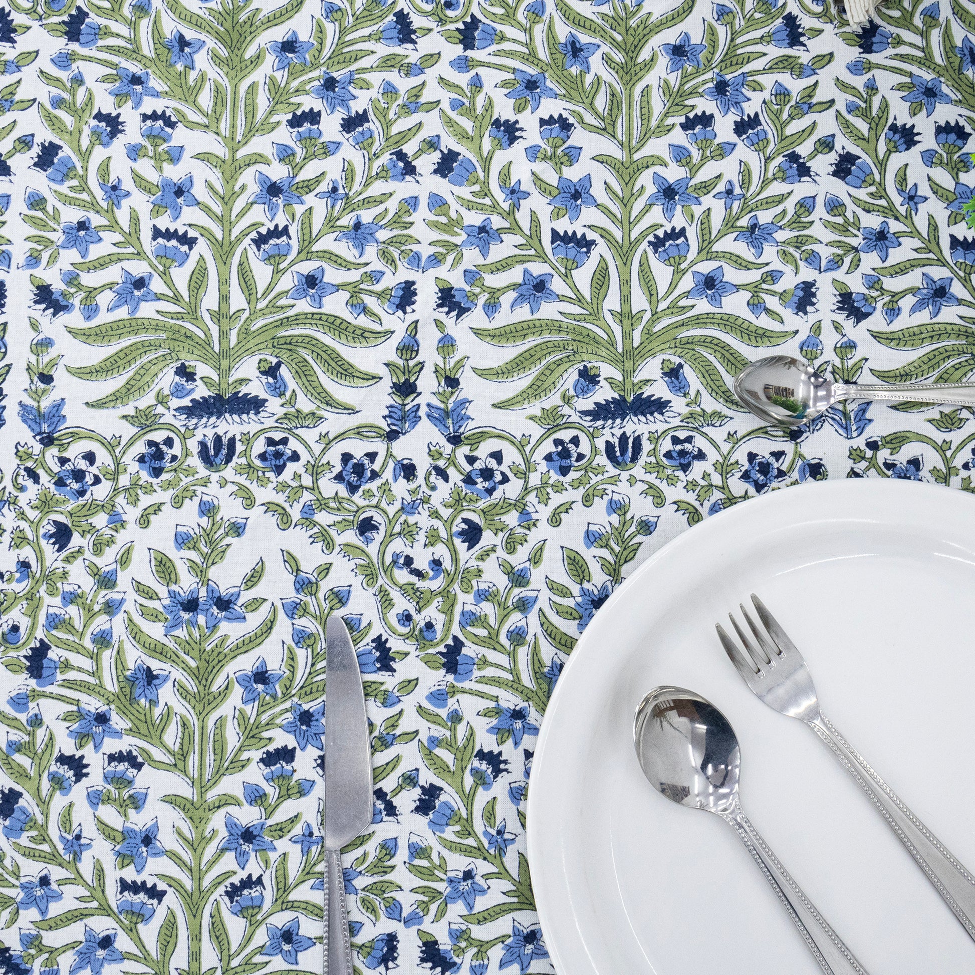 Blue and Green Floral Round Tablecloth - Indian Block Print Round Table Cover - My Store