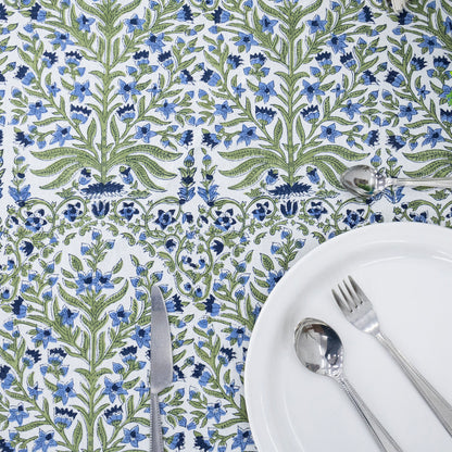 Blue and Green Floral Round Tablecloth - Indian Block Print Round Table Cover - My Store