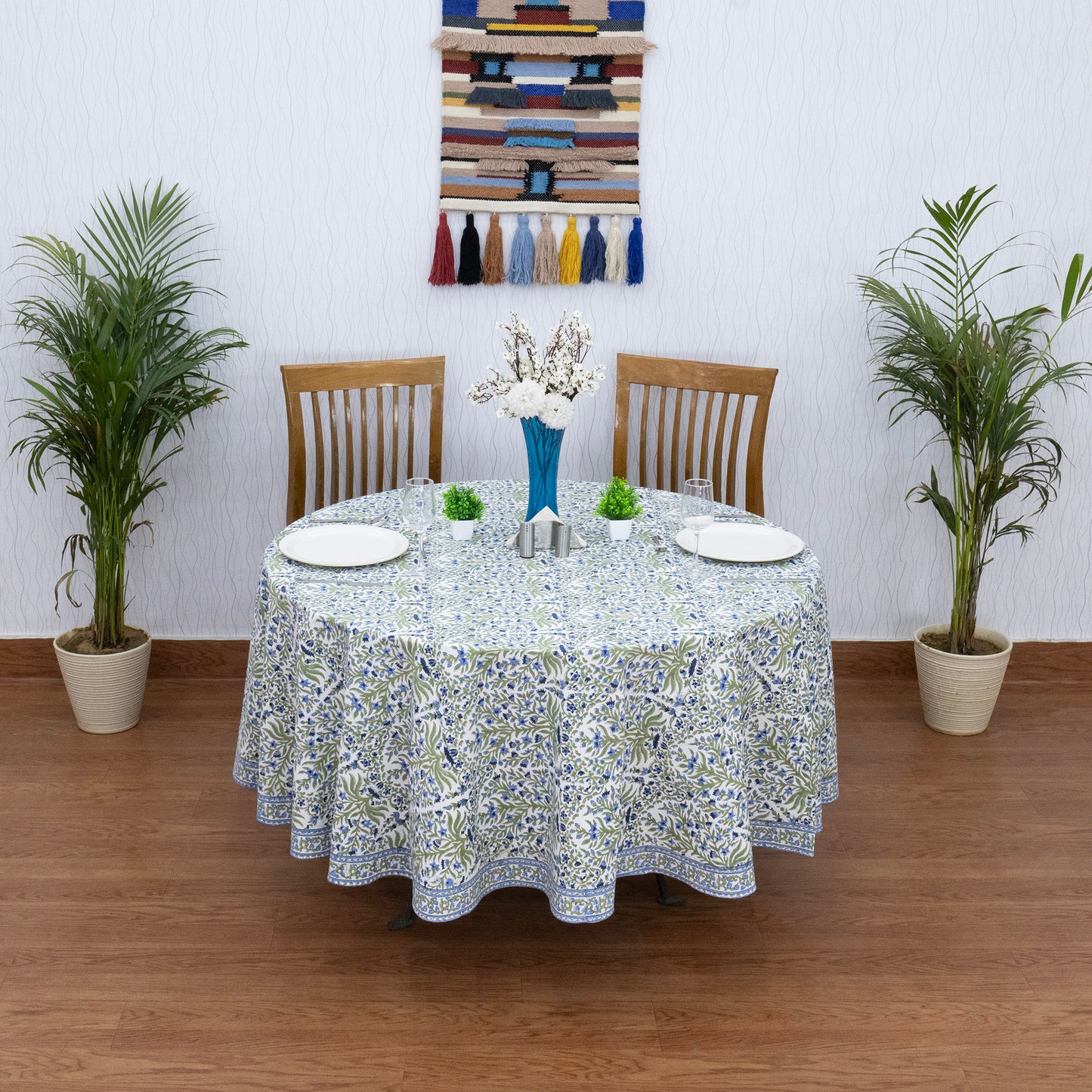 Blue and Green Floral Round Tablecloth - Indian Block Print Round Table Cover - My Store