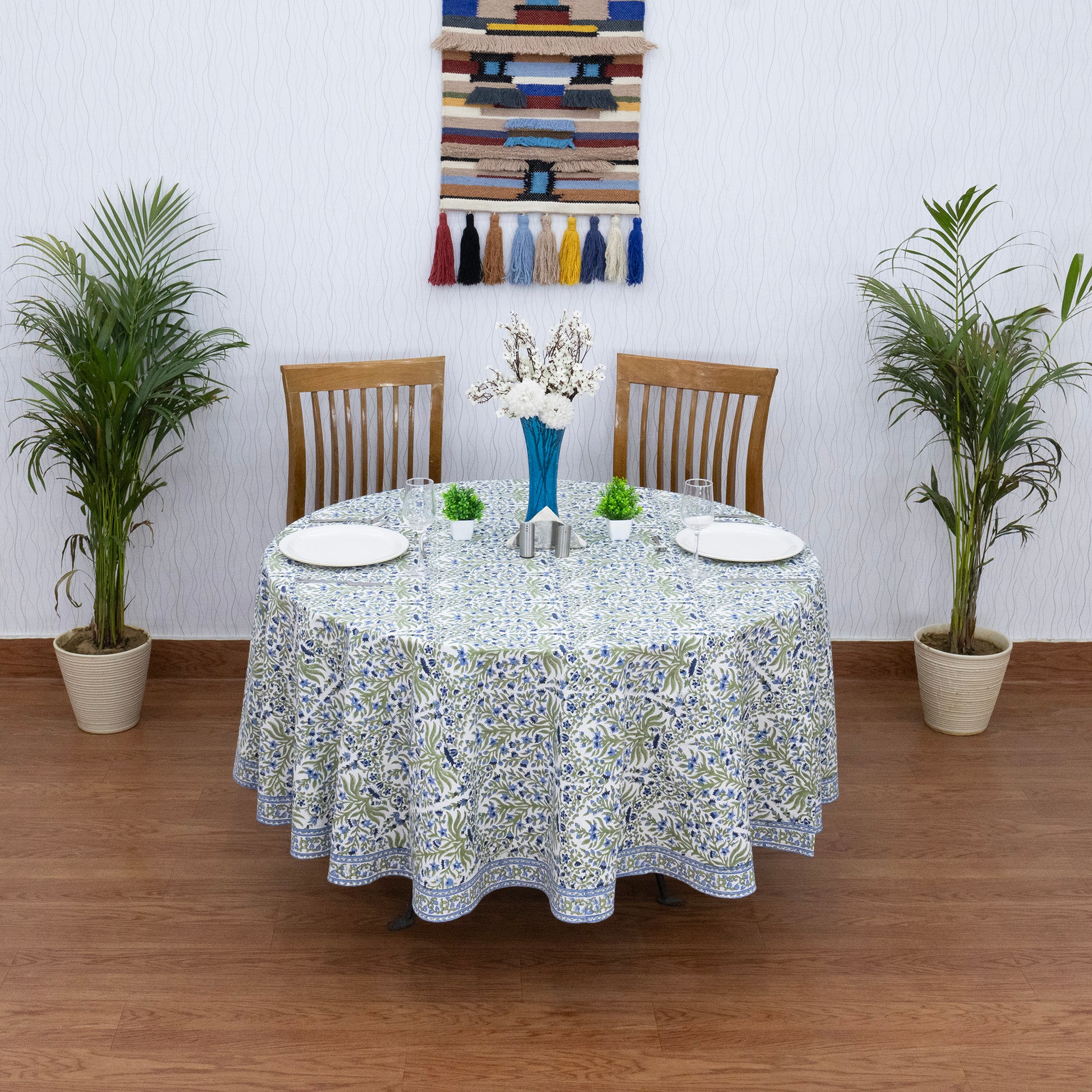 Blue and Green Floral Round Tablecloth - Indian Block Print Round Table Cover - My Store