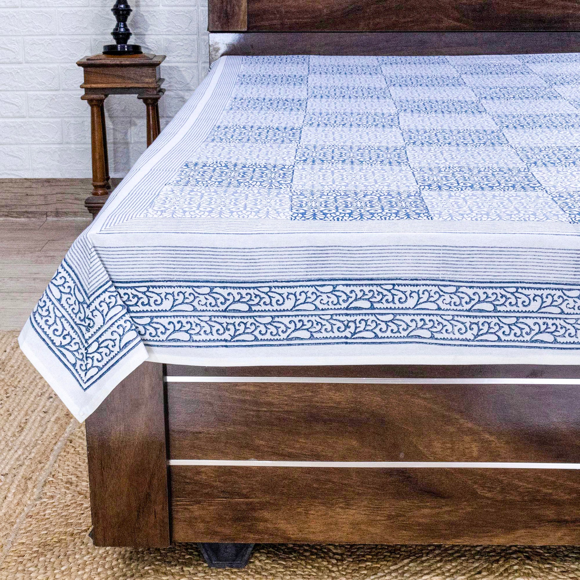 Indian Handmade Block Printed Blue and Gray Floral Pattern Cotton Bed sheet For living Room, Kids Room - My Store