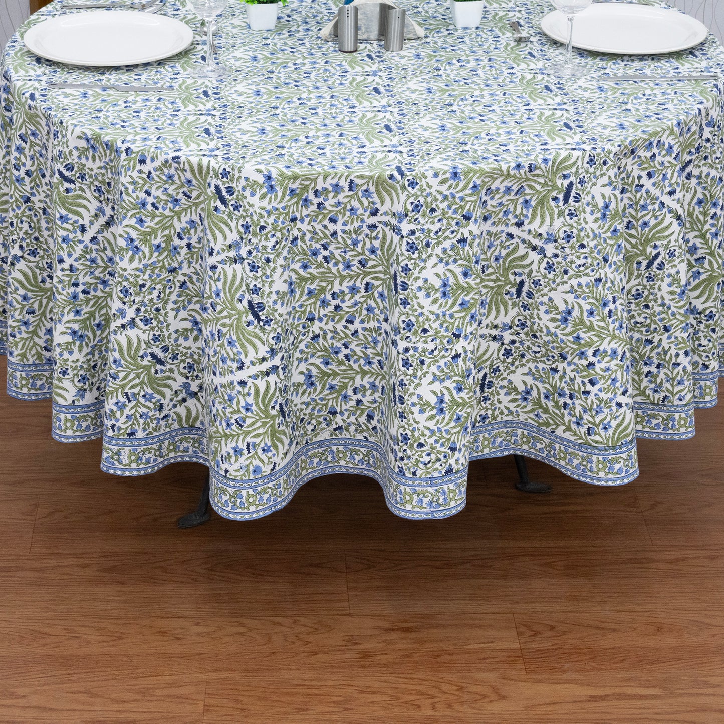 Blue and Green Floral Round Tablecloth - Indian Block Print Round Table Cover - My Store