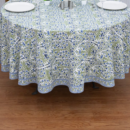 Blue and Green Floral Round Tablecloth - Indian Block Print Round Table Cover - My Store