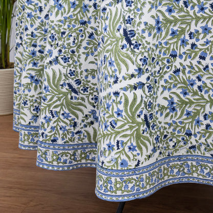 Blue and Green Floral Round Tablecloth - Indian Block Print Round Table Cover - My Store