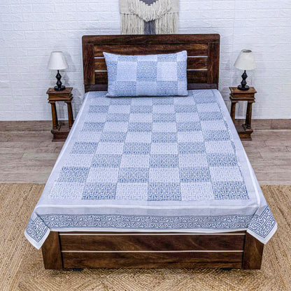 Indian Handmade Block Printed Blue and Gray Floral Pattern Cotton Bed sheet For living Room, Kids Room - My Store
