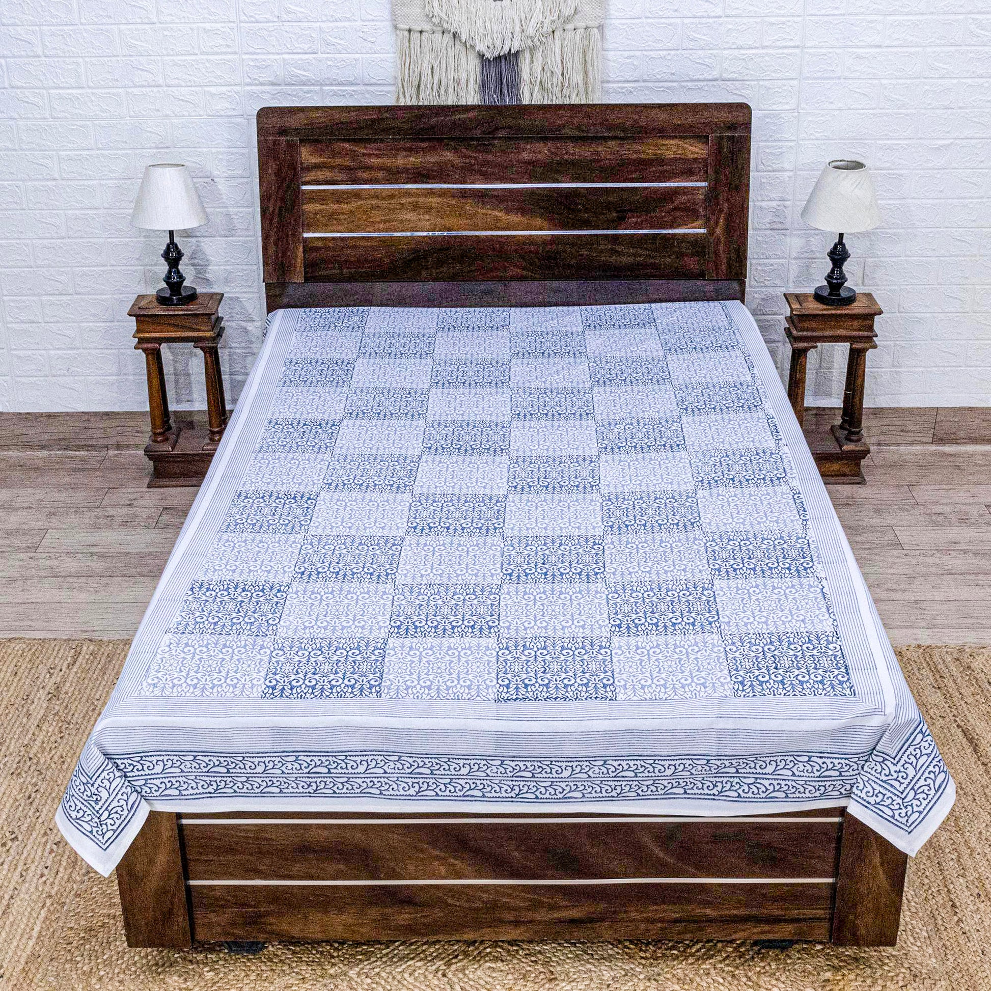 Indian Handmade Block Printed Blue and Gray Floral Pattern Cotton Bed sheet For living Room, Kids Room - My Store