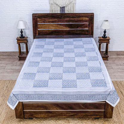 Indian Handmade Block Printed Blue and Gray Floral Pattern Cotton Bed sheet For living Room, Kids Room - My Store
