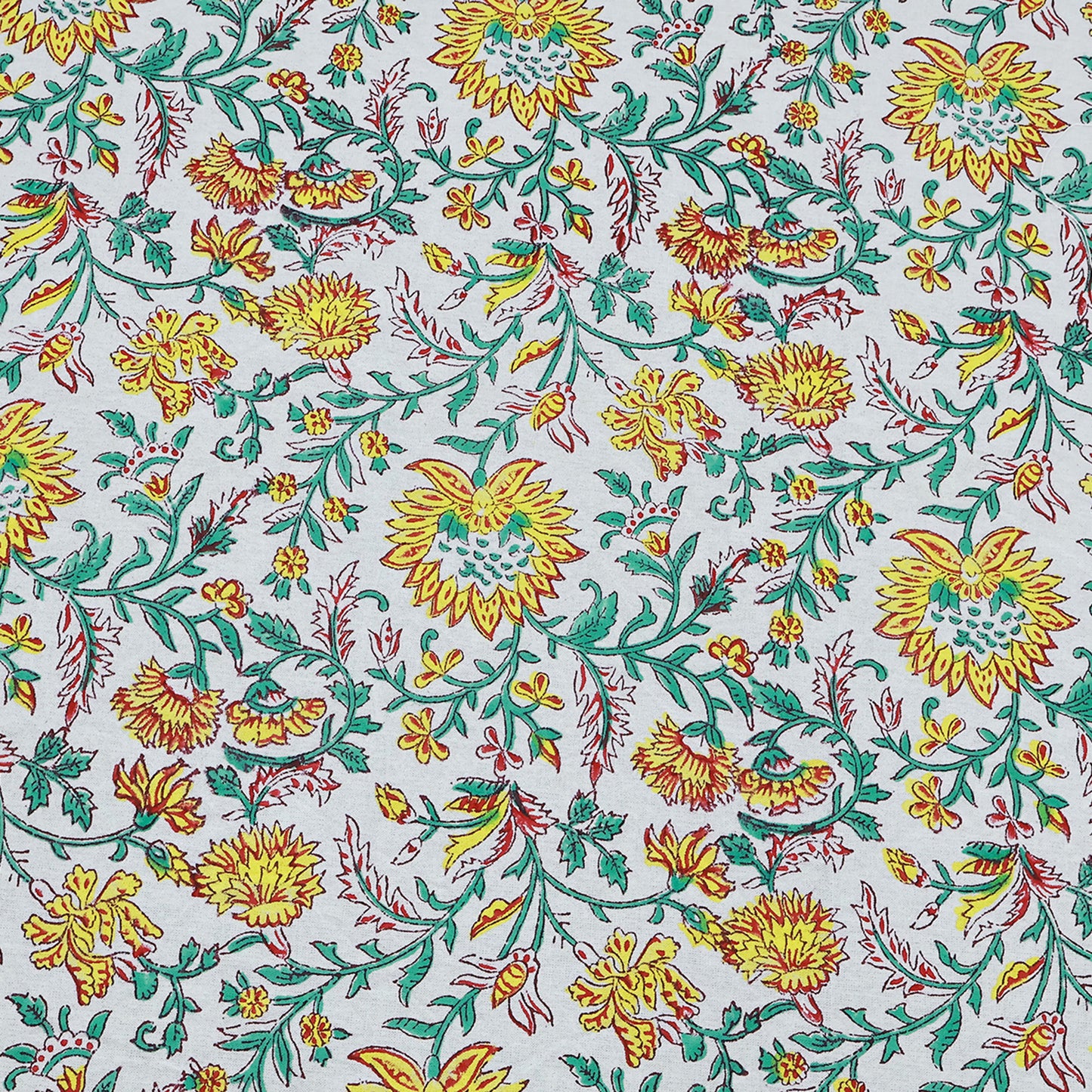 Green Indian Hand Block Floral Printed Cotton Tablecloth With Yellow Border - My Store