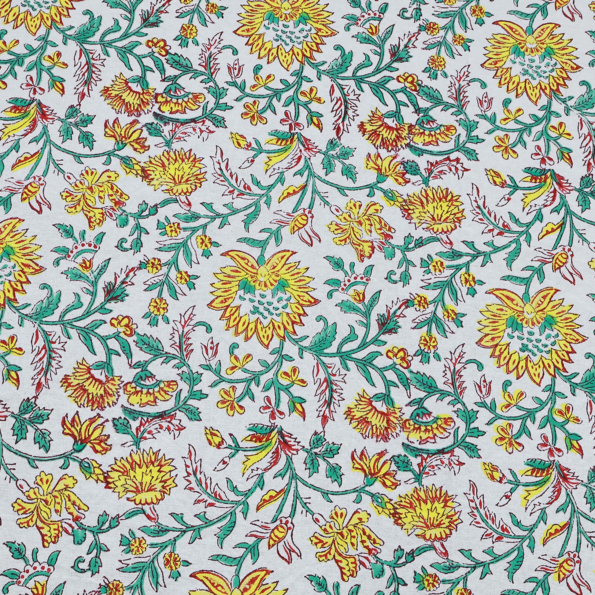 Green Indian Hand Block Floral Printed Cotton Tablecloth With Yellow Border - My Store