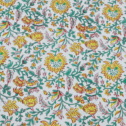 Green Indian Hand Block Floral Printed Cotton Tablecloth With Yellow Border - My Store