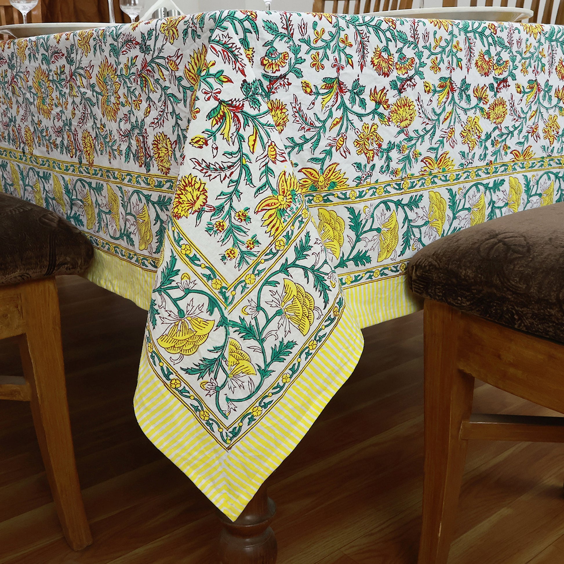 Green Indian Hand Block Floral Printed Cotton Tablecloth With Yellow Border - My Store