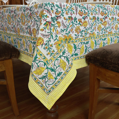 Green Indian Hand Block Floral Printed Cotton Tablecloth With Yellow Border - My Store