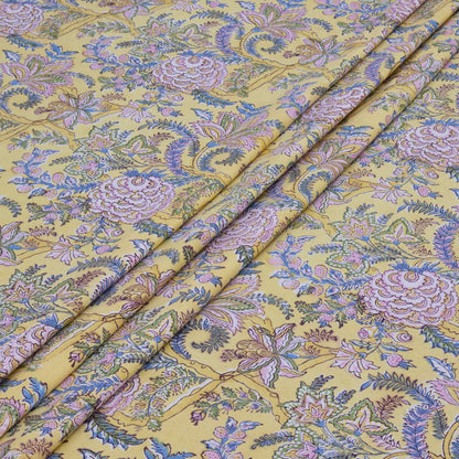 Indian Handmade Block Printed Yellow and Pink Floral Pattern Cotton Bed sheet For living Room, Kids Room - My Store