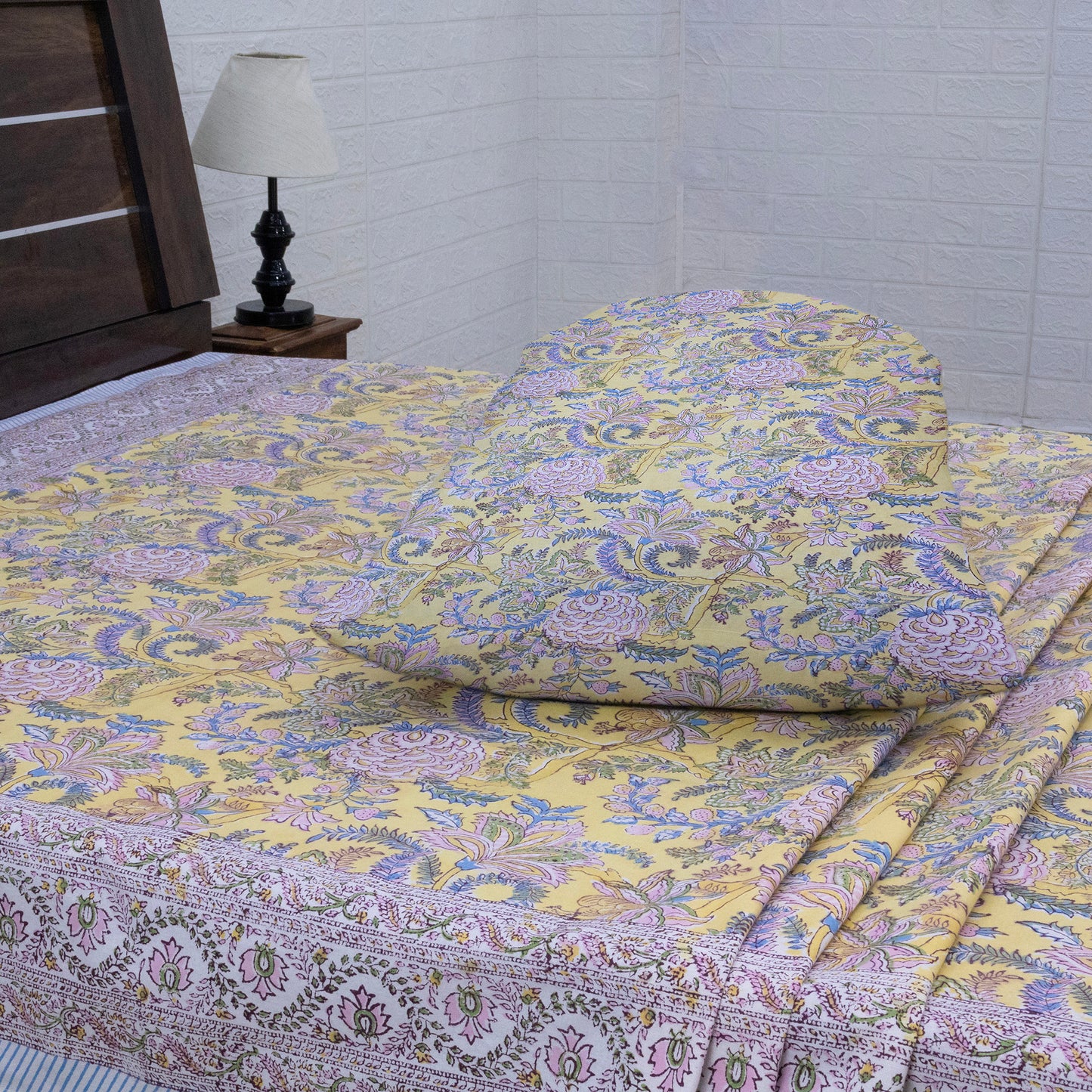 Indian Handmade Block Printed Yellow and Pink Floral Pattern Cotton Bed sheet For living Room, Kids Room - My Store