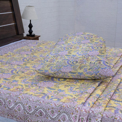 Indian Handmade Block Printed Yellow and Pink Floral Pattern Cotton Bed sheet For living Room, Kids Room - My Store