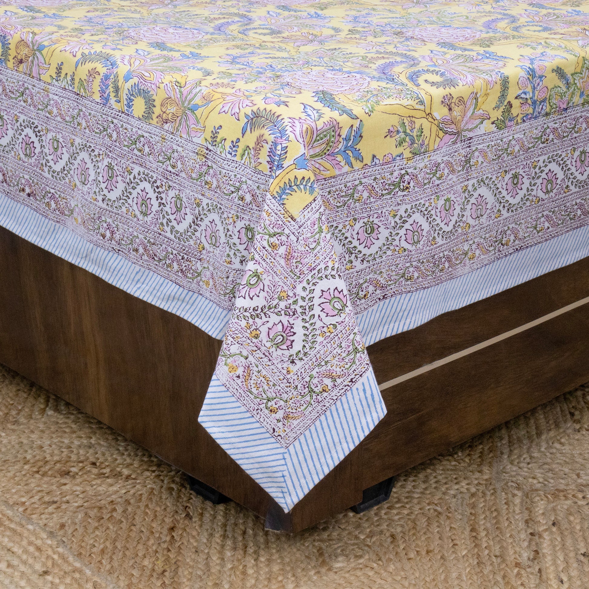 Indian Handmade Block Printed Yellow and Pink Floral Pattern Cotton Bed sheet For living Room, Kids Room - My Store