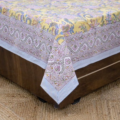 Indian Handmade Block Printed Yellow and Pink Floral Pattern Cotton Bed sheet For living Room, Kids Room - My Store