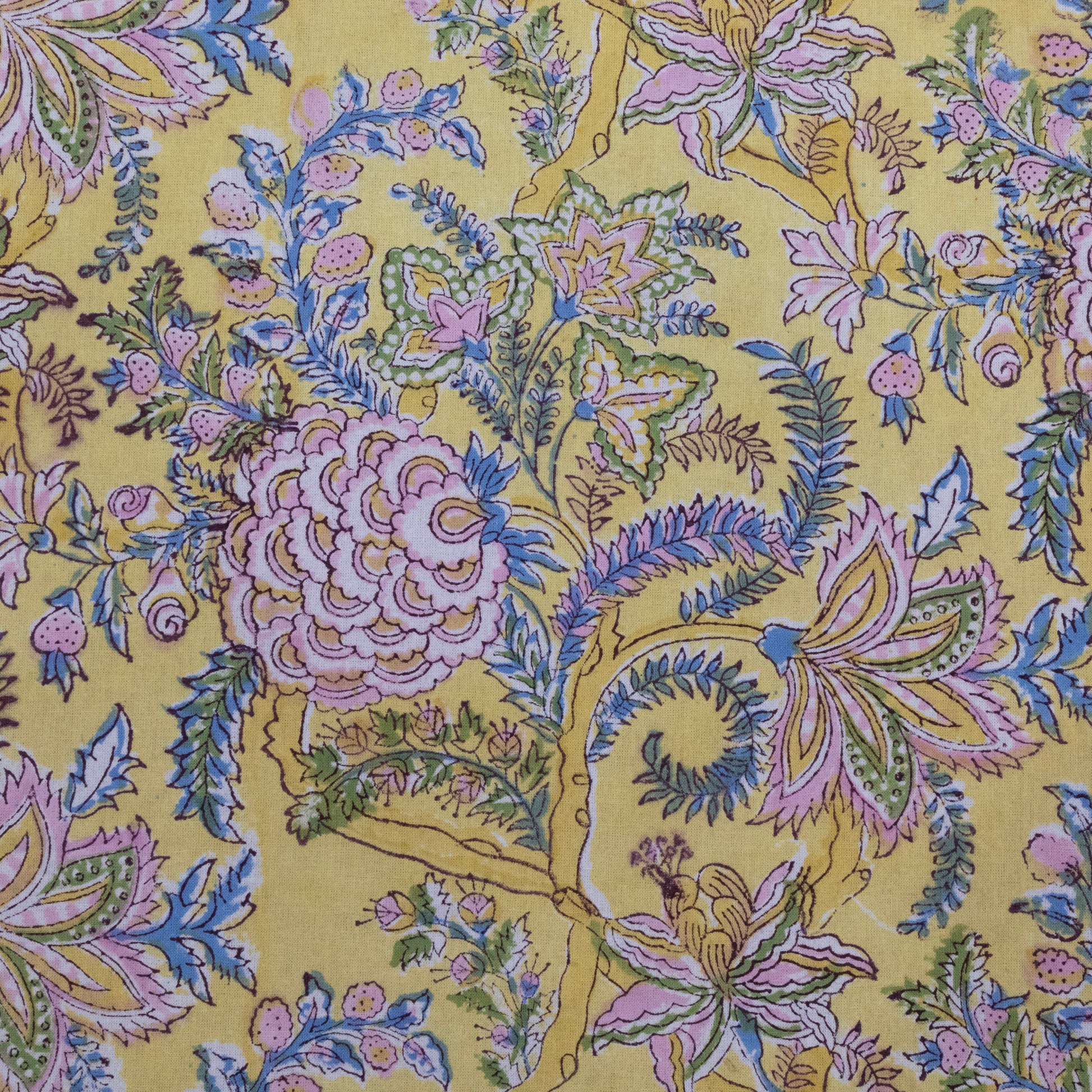 Indian Handmade Block Printed Yellow and Pink Floral Pattern Cotton Bed sheet For living Room, Kids Room - My Store