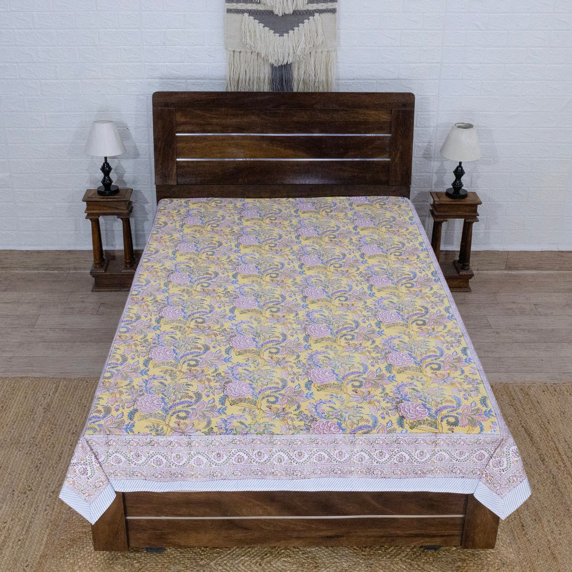 Indian Handmade Block Printed Yellow and Pink Floral Pattern Cotton Bed sheet For living Room, Kids Room - My Store