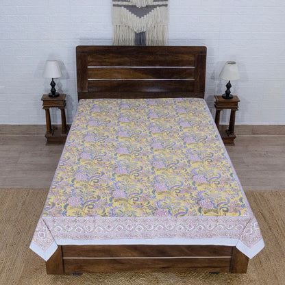 Indian Handmade Block Printed Yellow and Pink Floral Pattern Cotton Bed sheet For living Room, Kids Room - My Store