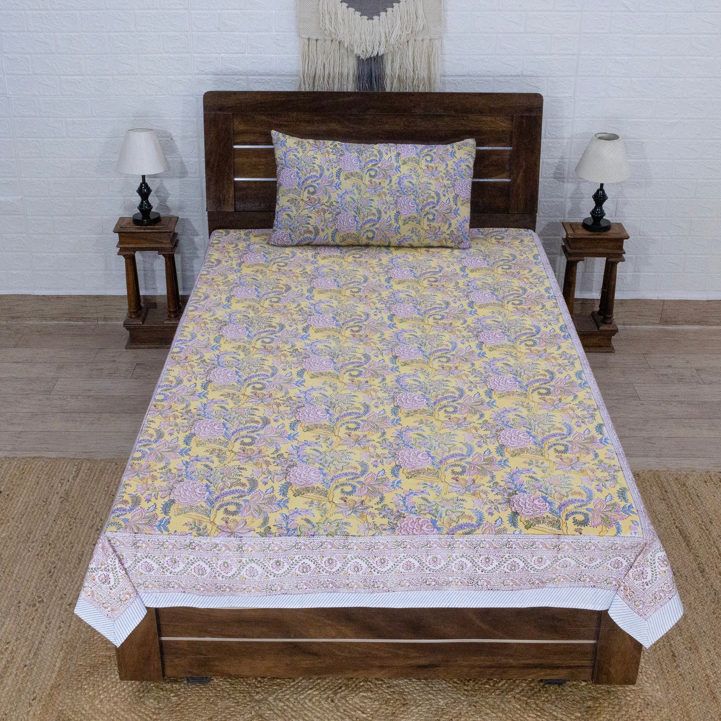 Indian Handmade Block Printed Yellow and Pink Floral Pattern Cotton Bed sheet For living Room, Kids Room - My Store