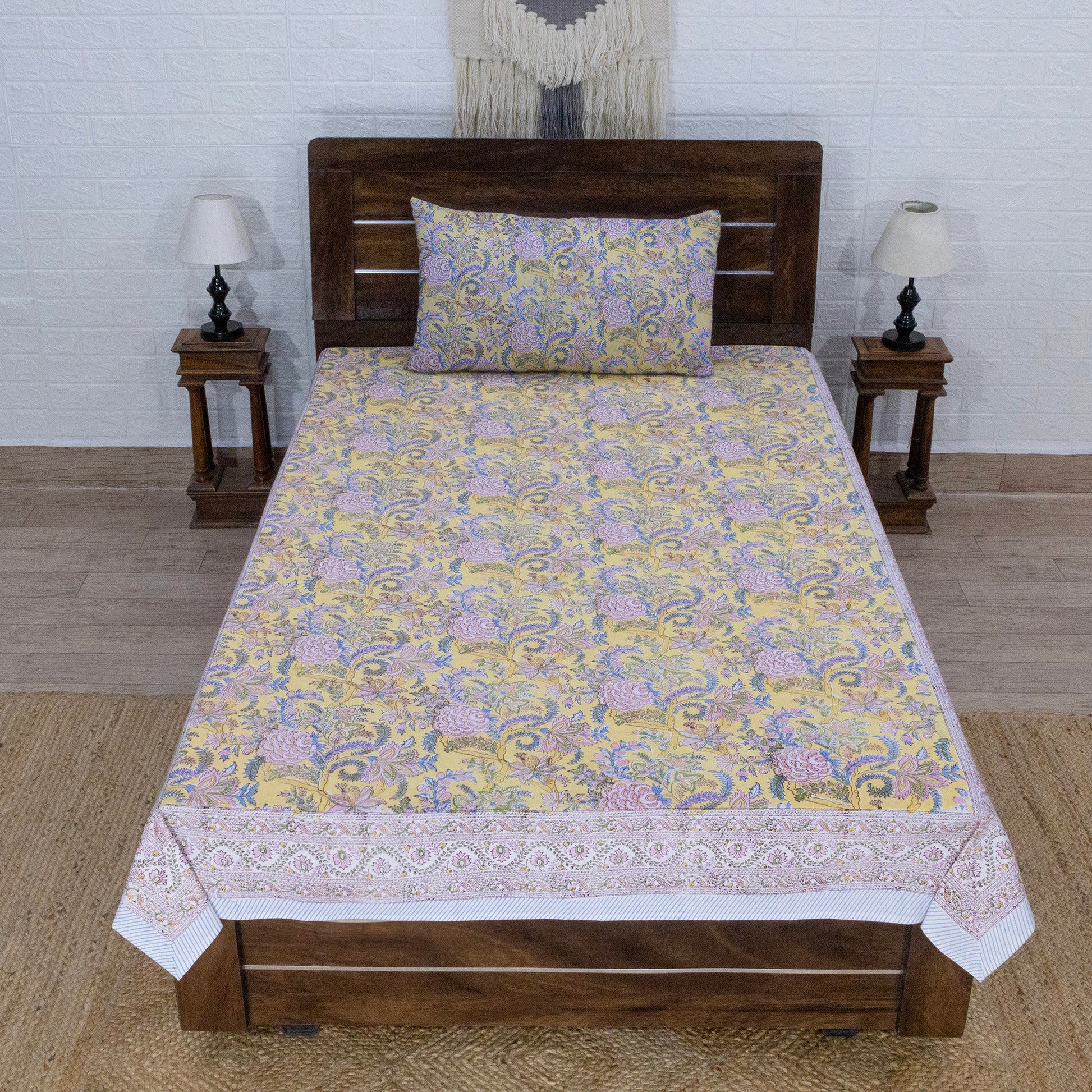 Indian Handmade Block Printed Yellow and Pink Floral Pattern Cotton Bed sheet For living Room, Kids Room - My Store